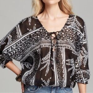 Free People YoYo Geo Black and White Lace Up Blouse
